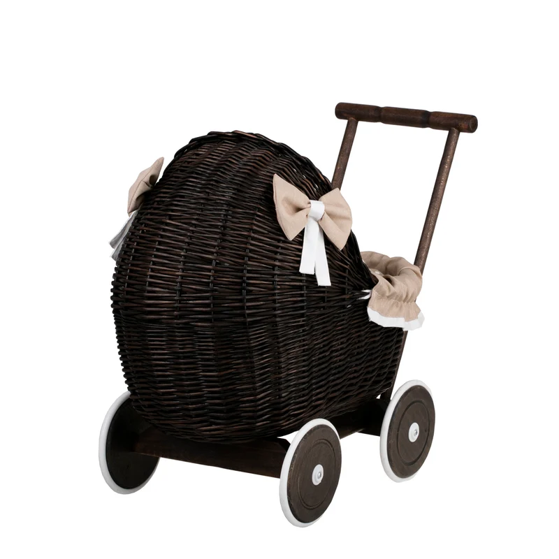 Lili wicker doll stroller with beige trim, blanket, and pillow TheWickerStories