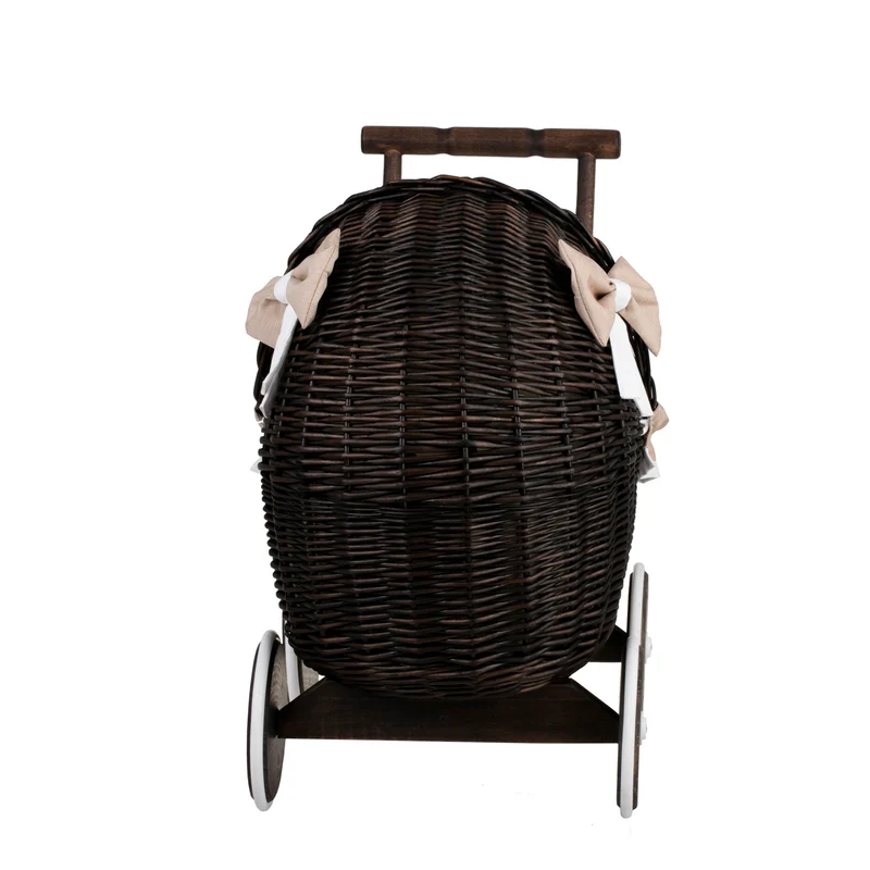 Lili wicker doll stroller with beige trim, blanket, and pillow TheWickerStories