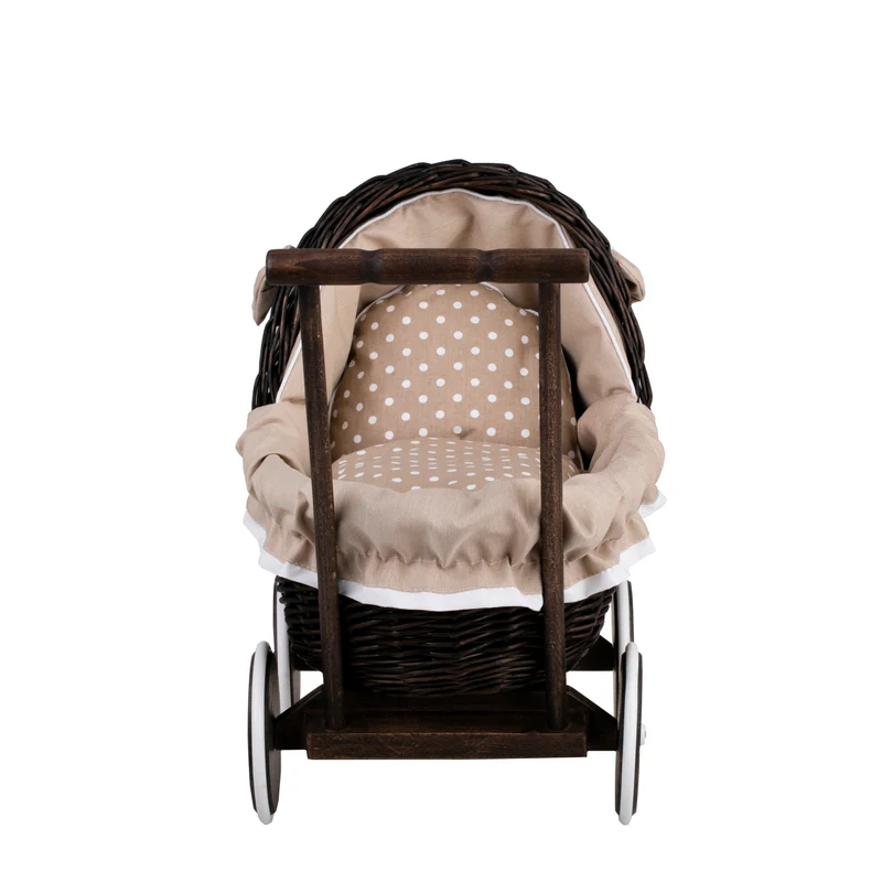Lili wicker doll stroller with beige trim, blanket, and pillow TheWickerStories