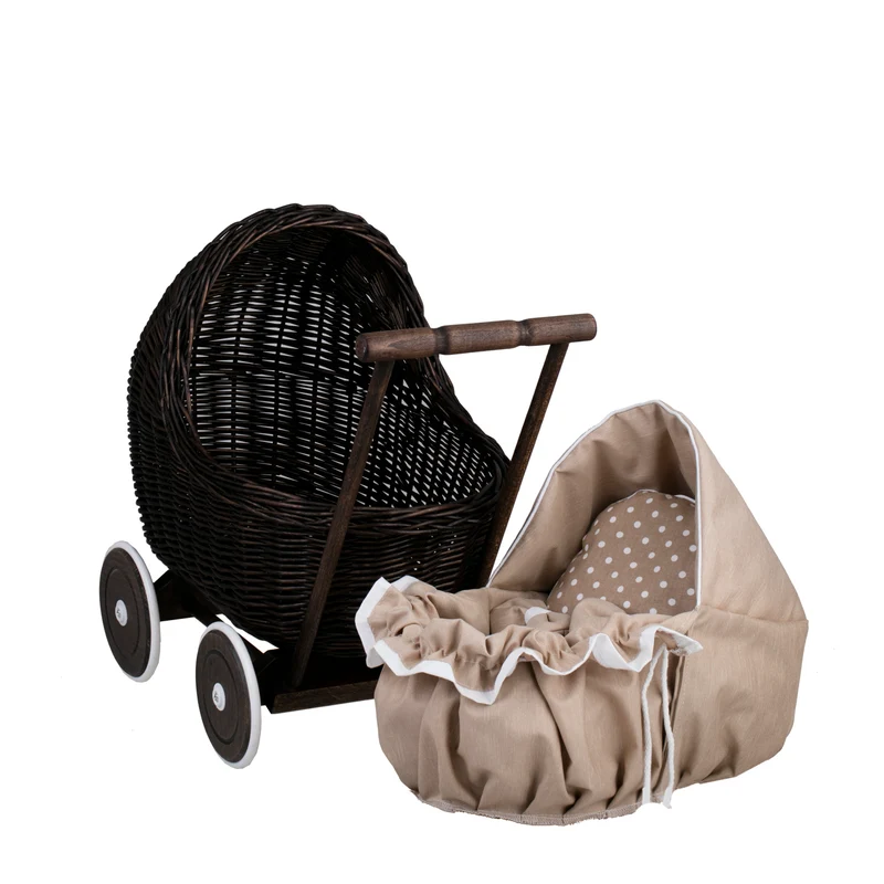 Lili wicker doll stroller with beige trim, blanket, and pillow TheWickerStories