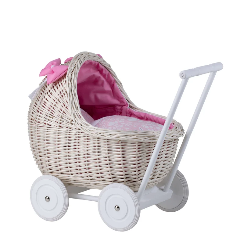 Lili wicker doll stroller with pink trim, blanket, and pillow TheWickerStories