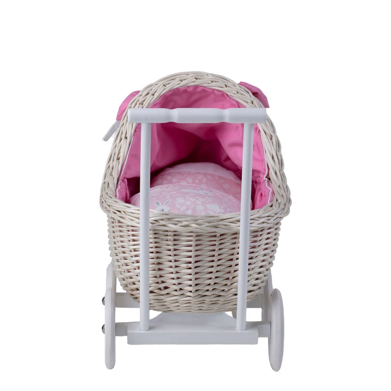 Lili wicker doll stroller with pink trim, blanket, and pillow TheWickerStories