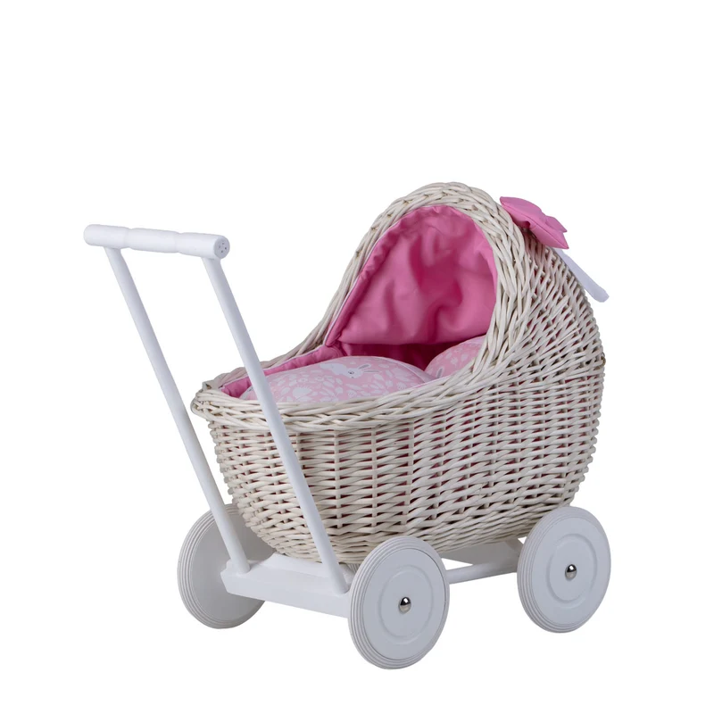 Lili wicker doll stroller with pink trim, blanket, and pillow TheWickerStories
