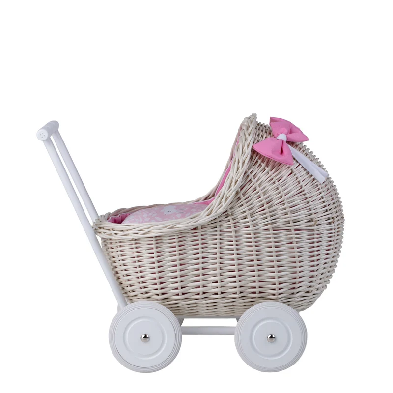 Lili wicker doll stroller with pink trim, blanket, and pillow TheWickerStories