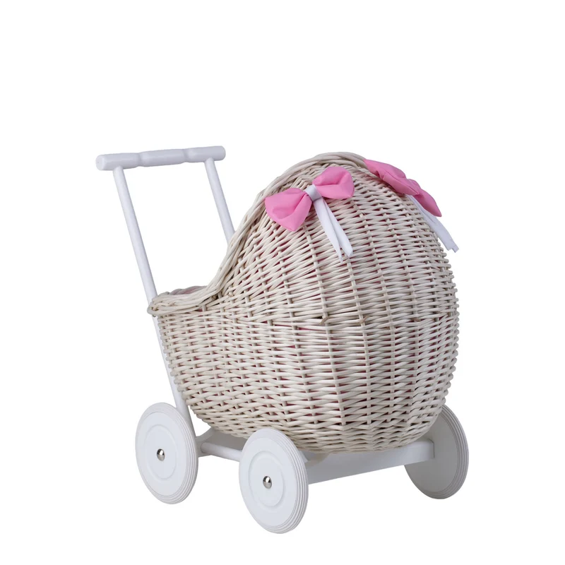 Lili wicker doll stroller with pink trim, blanket, and pillow TheWickerStories