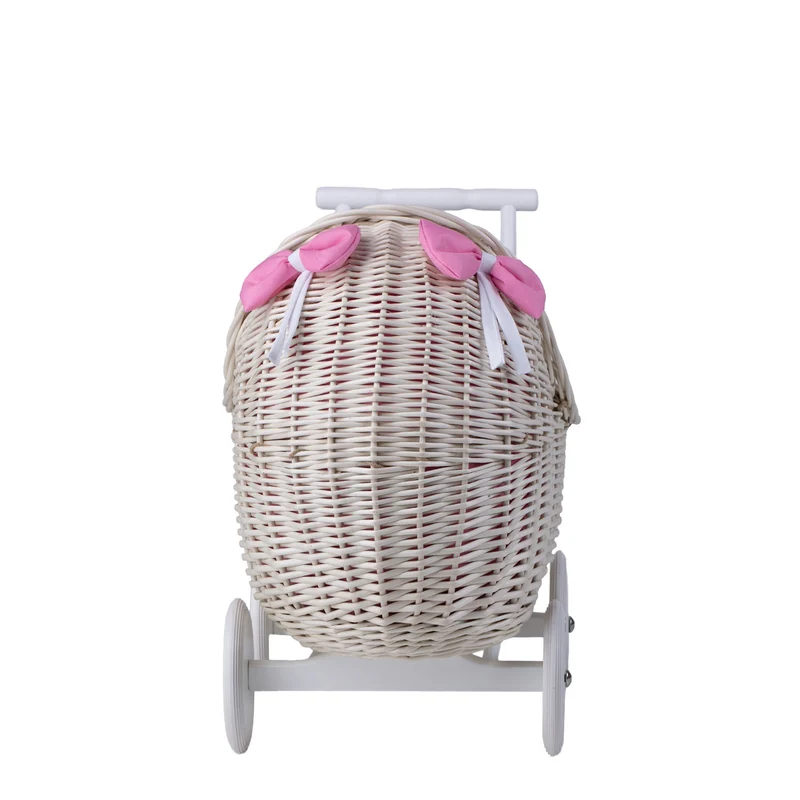 Lili wicker doll stroller with pink trim, blanket, and pillow TheWickerStories