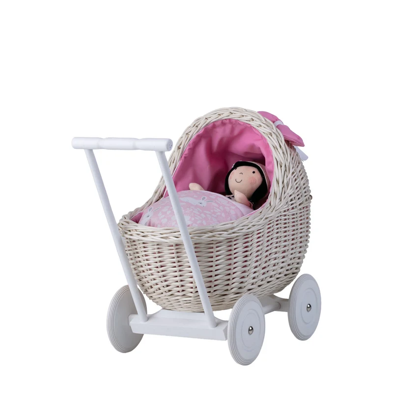 Lili wicker doll stroller with pink trim, blanket, and pillow TheWickerStories