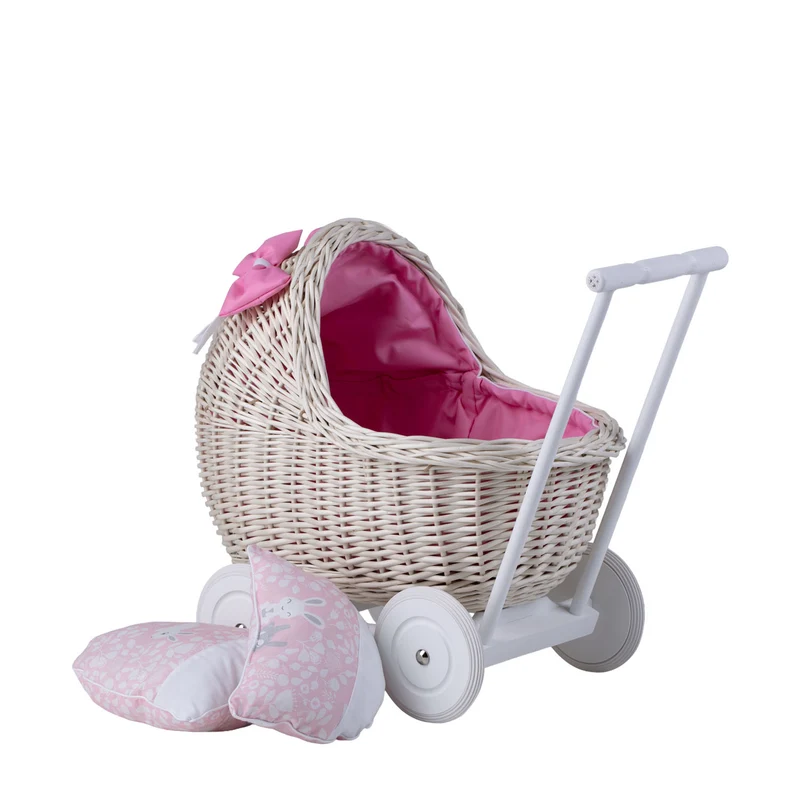 Lili wicker doll stroller with pink trim, blanket, and pillow TheWickerStories
