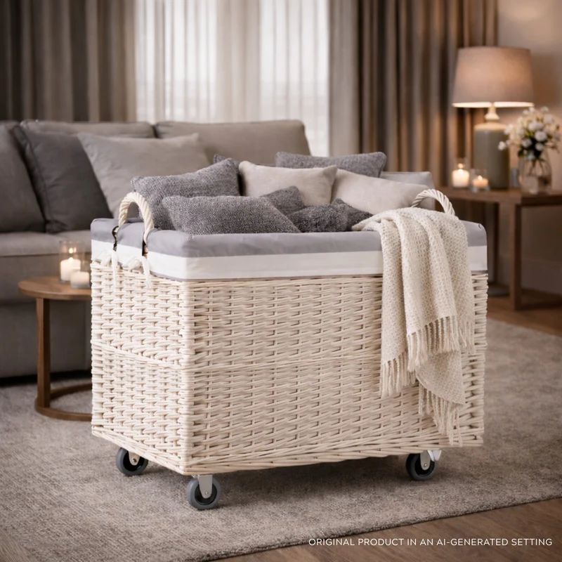 Salux wicker basket with grey lining and wheels TheWickerStories