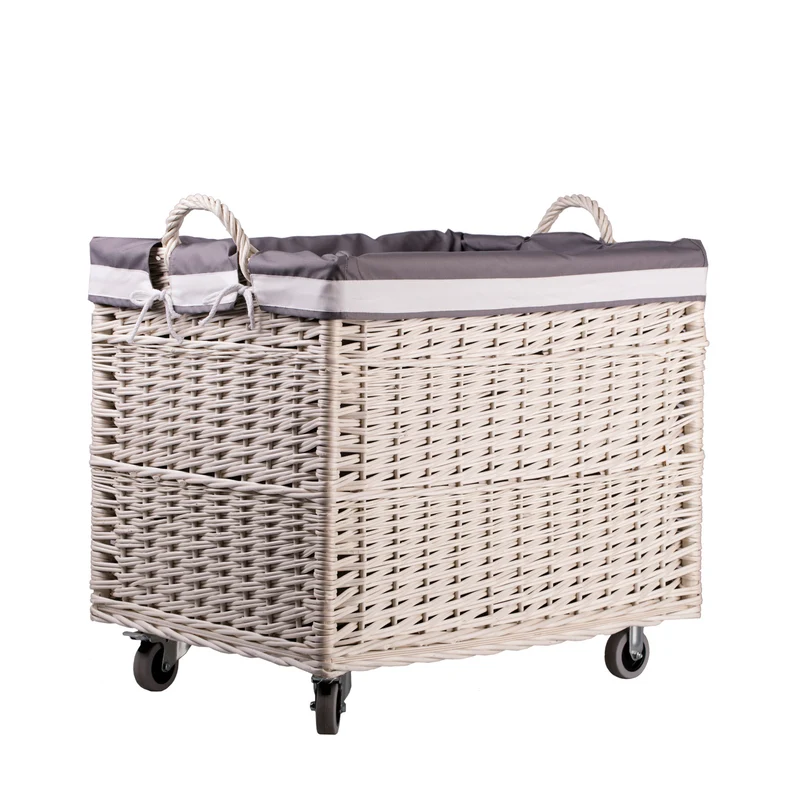 Salux wicker basket with grey lining and wheels TheWickerStories