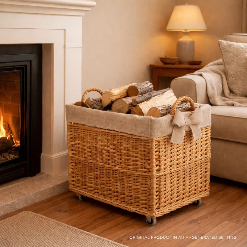 Salux wicker firewood basket with jute lining and wheels TheWickerStories