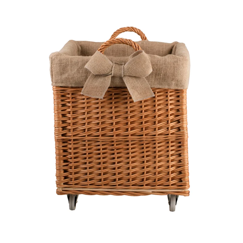 Salux wicker firewood basket with jute lining and wheels TheWickerStories