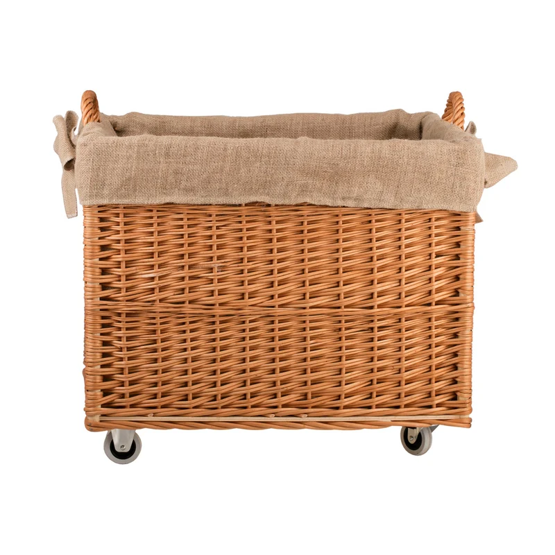 Salux wicker firewood basket with jute lining and wheels TheWickerStories