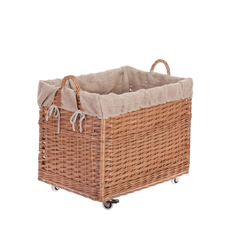 Salux wicker firewood basket with jute lining and wheels TheWickerStories