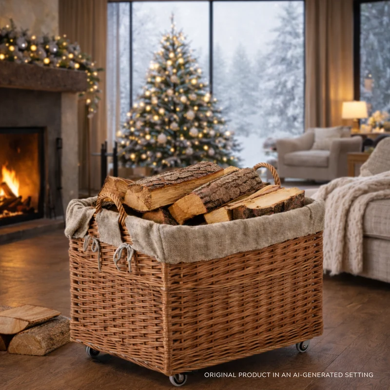 Salux wicker firewood basket with jute lining and wheels TheWickerStories
