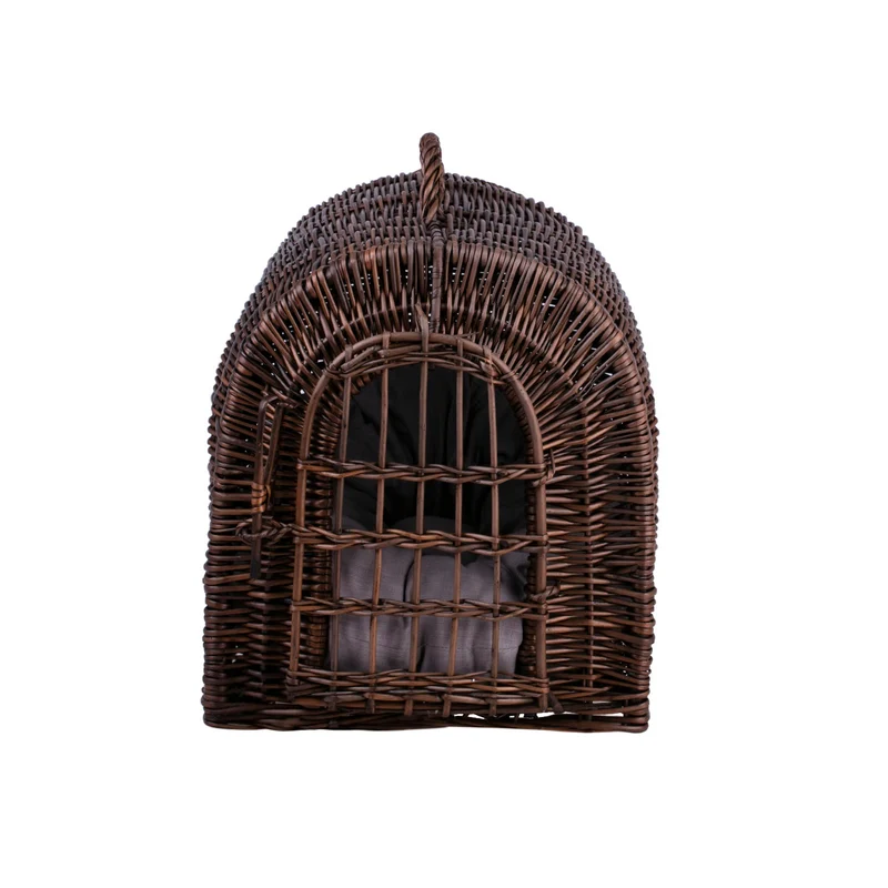 Turina wicker cat house with cushion, wicker kennel, closed pet carrier cage TheWickerStories