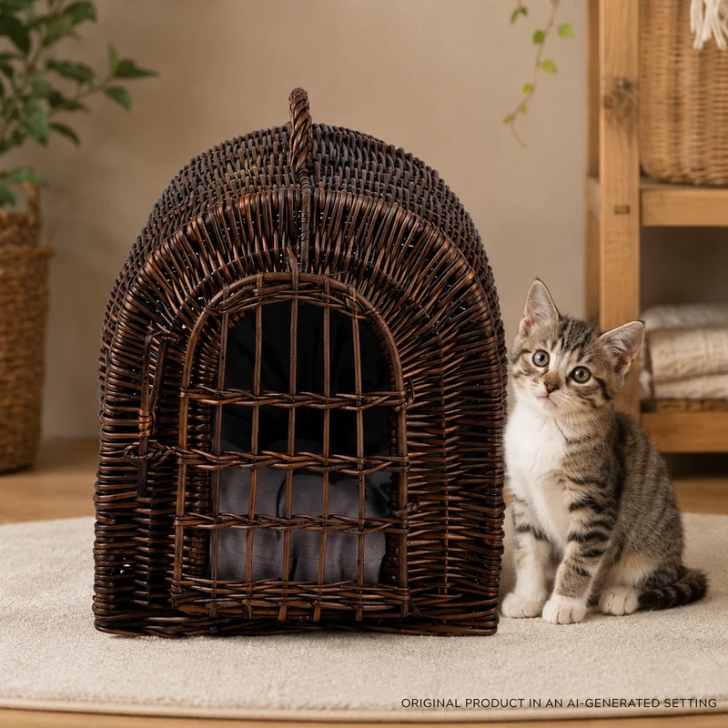 Turina wicker cat house with cushion, wicker kennel, closed pet carrier cage TheWickerStories