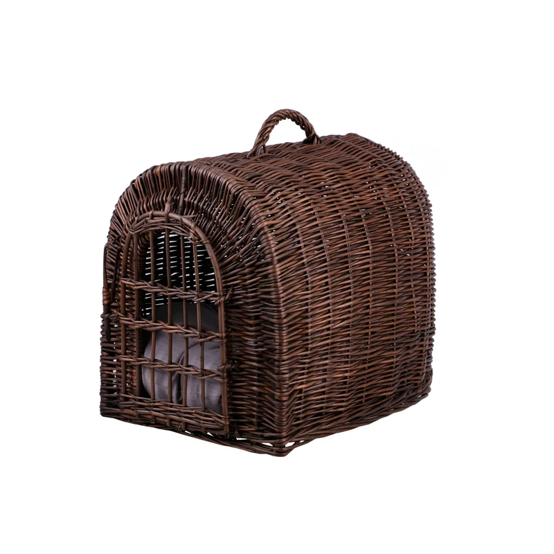 Turina wicker cat house with cushion, wicker kennel, closed pet carrier cage TheWickerStories