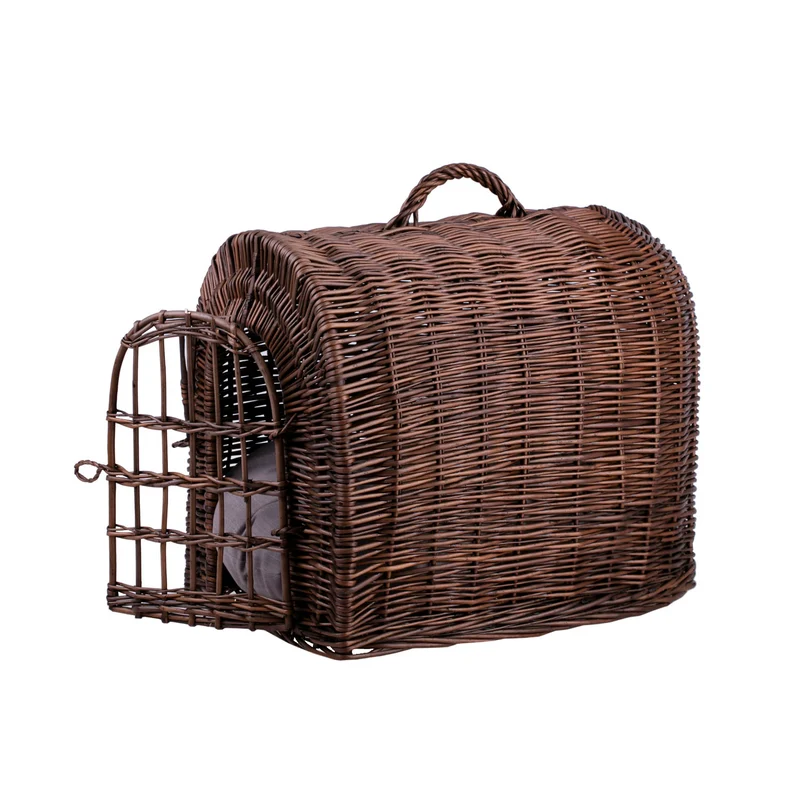 Turina wicker cat house with cushion, wicker kennel, closed pet carrier cage TheWickerStories