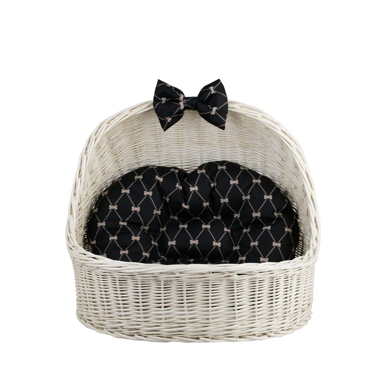 Elsa wicker pet bed basket with black cushion and bow TheWickerStories