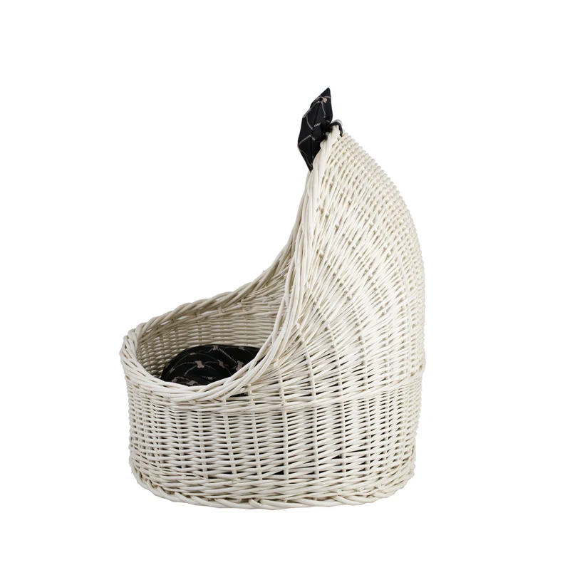 Elsa wicker pet bed basket with black cushion and bow TheWickerStories