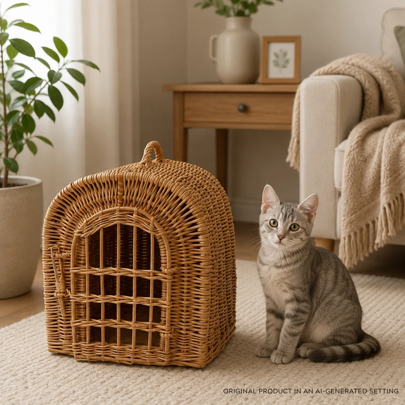 Turina wicker cat house, wicker kennel, enclosed pet transport cage TheWickerStories