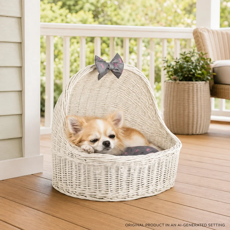 Elsa wicker pet bed basket with grey cushion and bow TheWickerStories