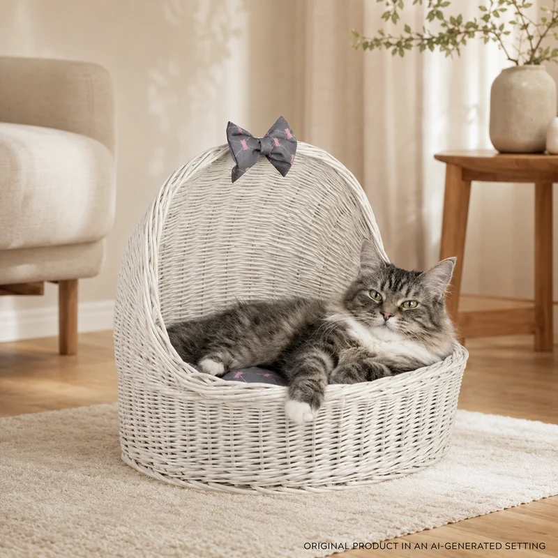 Elsa wicker pet bed basket with grey cushion and bow TheWickerStories