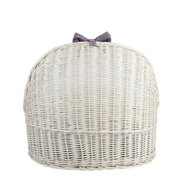 Elsa wicker pet bed basket with grey cushion and bow TheWickerStories