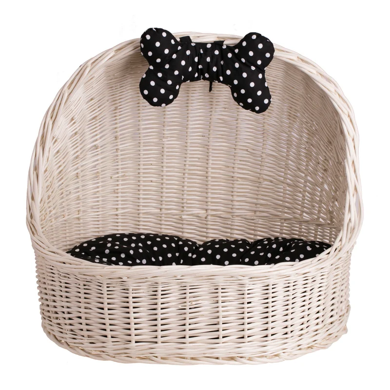 Elsa wicker pet bed basket with black cushion and bow TheWickerStories
