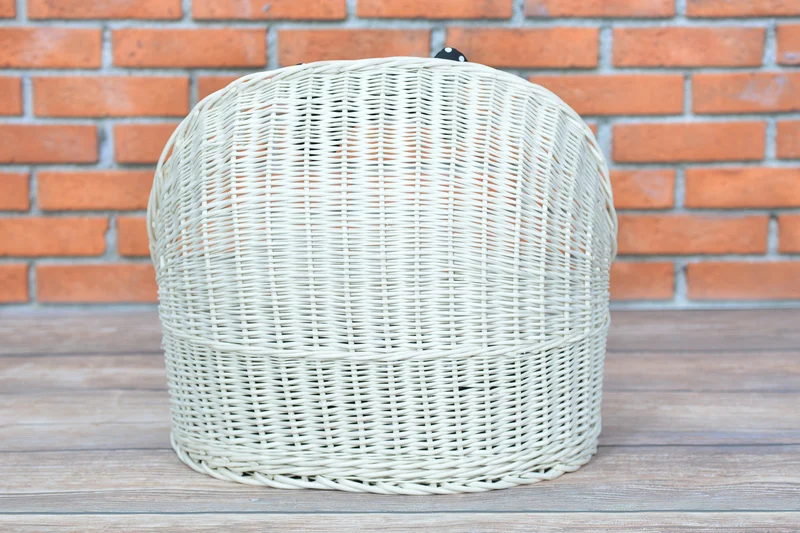 Elsa wicker pet bed basket with black cushion and bow TheWickerStories
