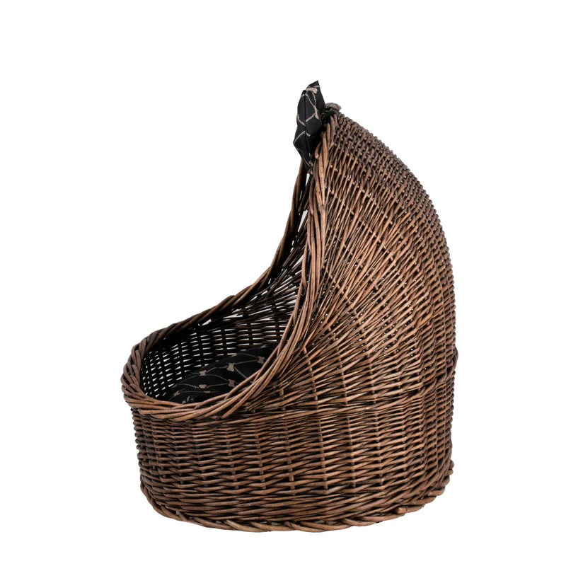 Elsa wicker pet bed basket with black cushion and bow TheWickerStories