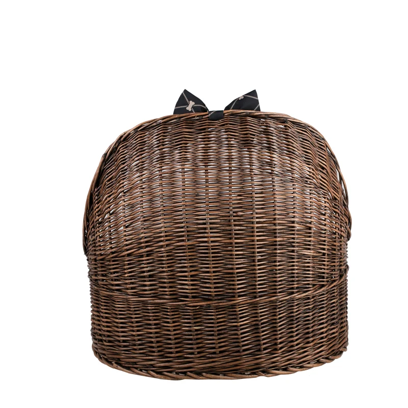Elsa wicker pet bed basket with black cushion and bow TheWickerStories