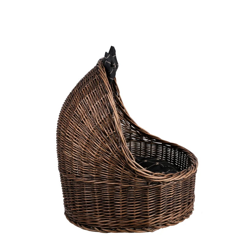 Elsa wicker pet bed basket with black cushion and bow TheWickerStories
