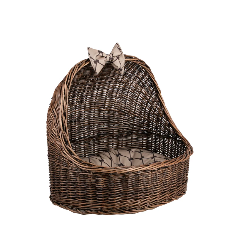 Elsa wicker pet bed basket with beige cushion and bow TheWickerStories