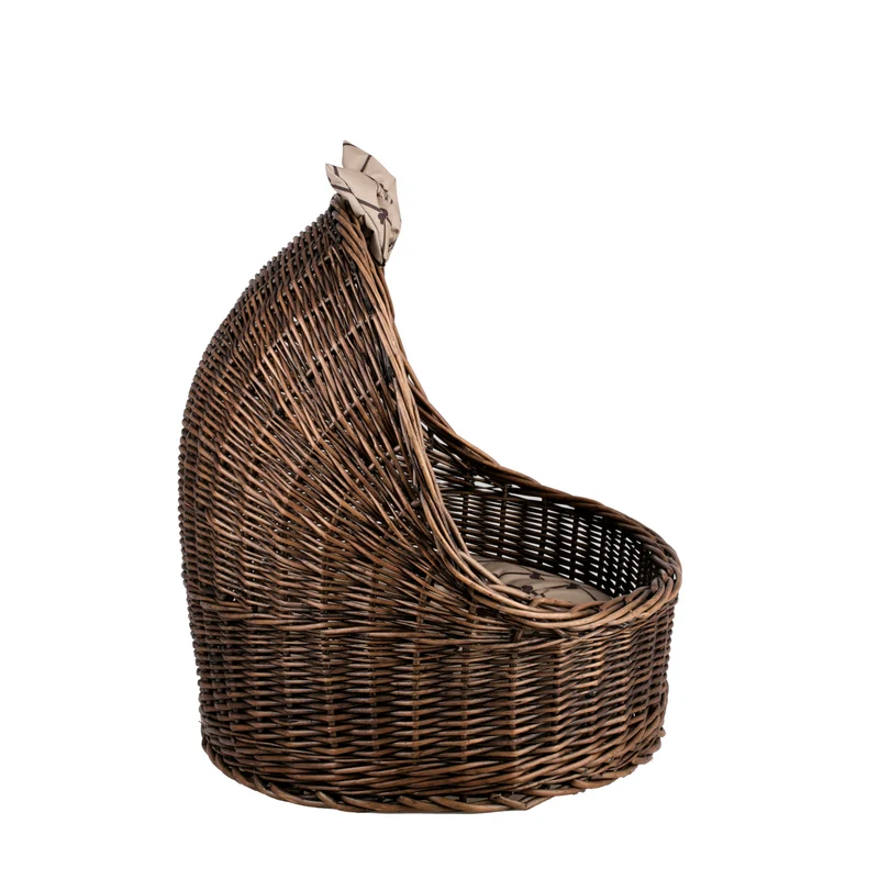 Elsa wicker pet bed basket with beige cushion and bow TheWickerStories
