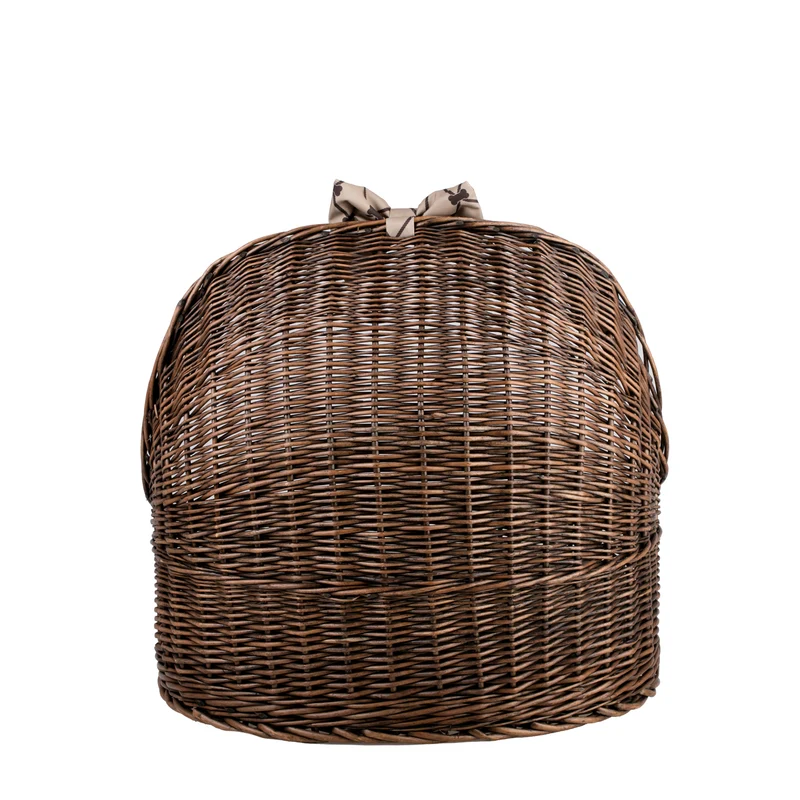 Elsa wicker pet bed basket with beige cushion and bow TheWickerStories