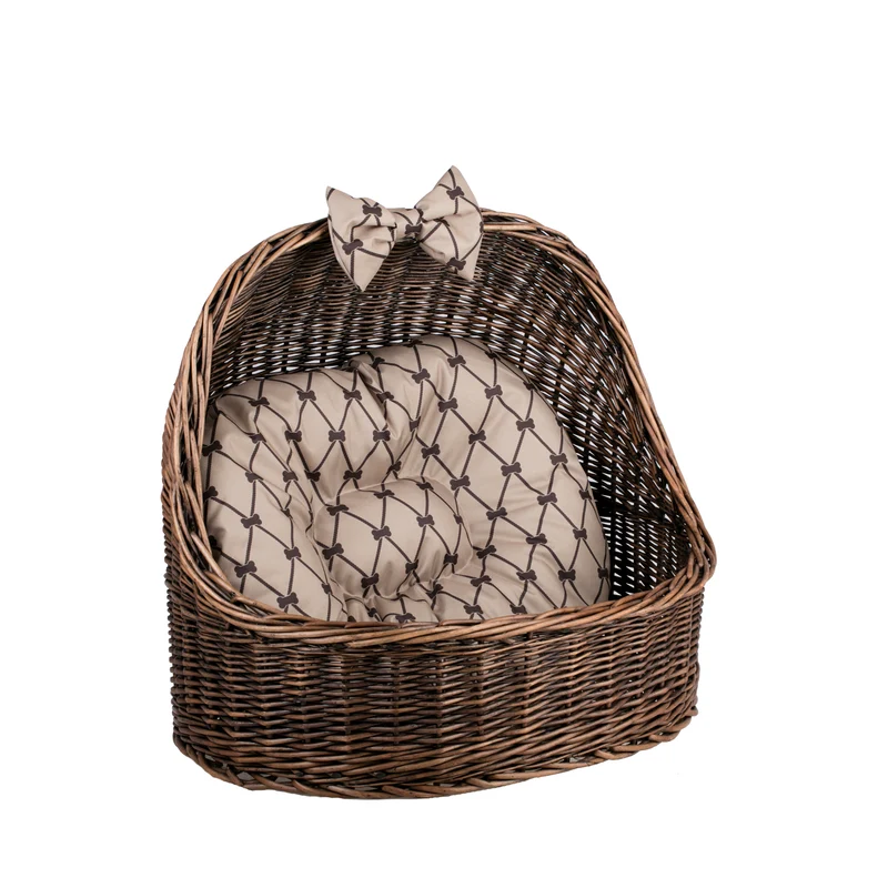 Elsa wicker pet bed basket with beige cushion and bow TheWickerStories