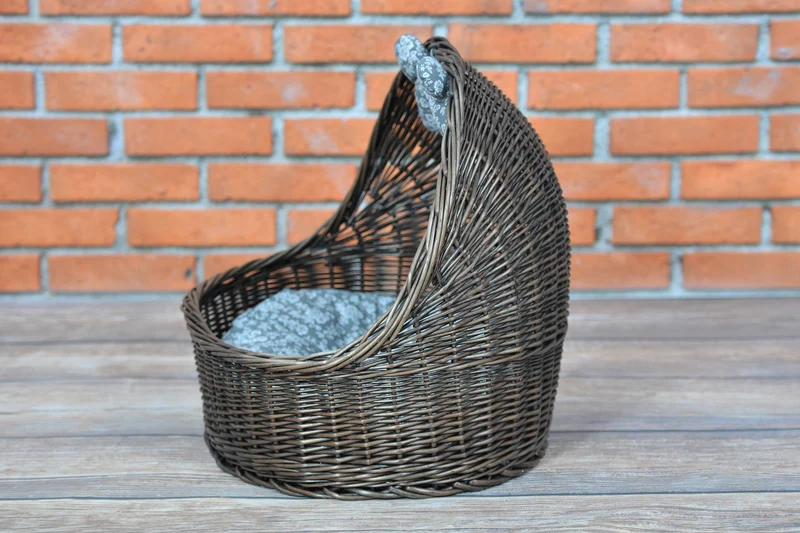 Elsa wicker basket pet bed with gray cushion and bone TheWickerStories