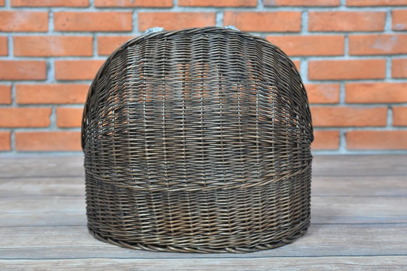 Elsa wicker basket pet bed with gray cushion and bone TheWickerStories