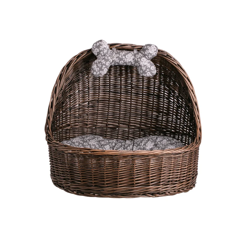 Elsa wicker basket pet bed with gray cushion and bone TheWickerStories