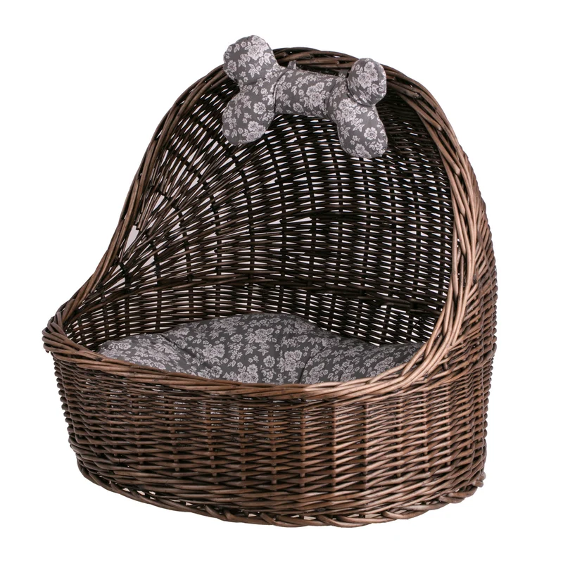Elsa wicker basket pet bed with gray cushion and bone TheWickerStories