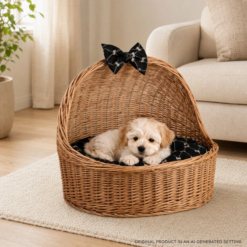 Elsa wicker pet bed basket with black cushion and bow TheWickerStories