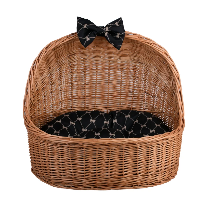 Elsa wicker pet bed basket with black cushion and bow TheWickerStories