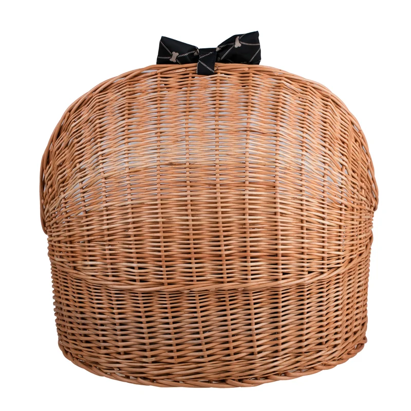 Elsa wicker pet bed basket with black cushion and bow TheWickerStories
