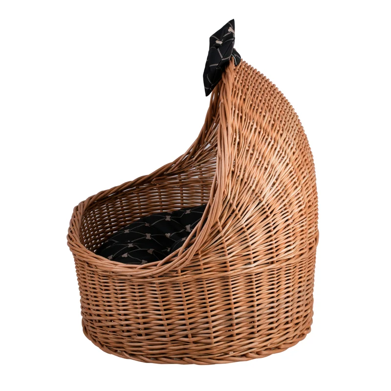 Elsa wicker pet bed basket with black cushion and bow TheWickerStories