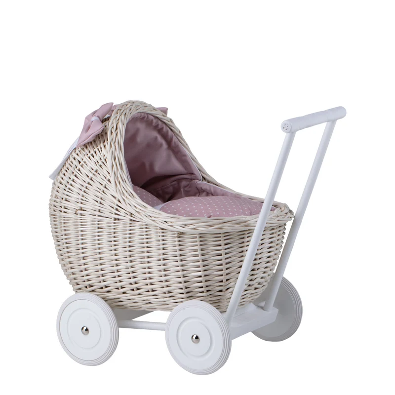Lili wicker doll stroller with pink trim, blanket, and pillow TheWickerStories