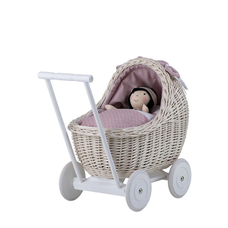 Lili wicker doll stroller with pink trim, blanket, and pillow TheWickerStories