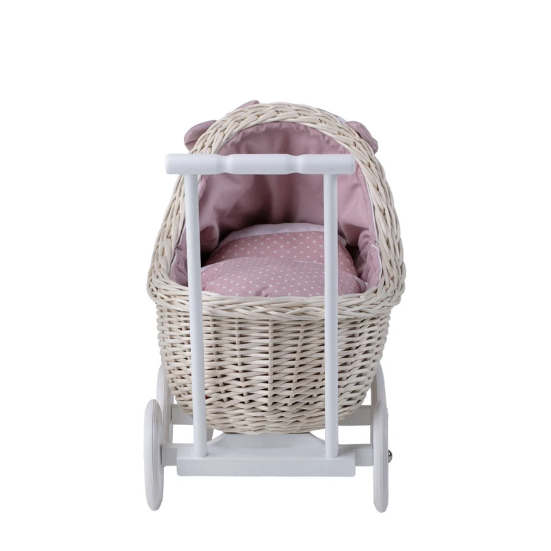 Lili wicker doll stroller with pink trim, blanket, and pillow TheWickerStories