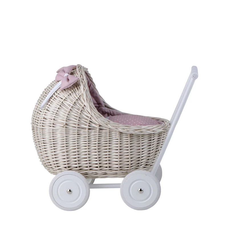 Lili wicker doll stroller with pink trim, blanket, and pillow TheWickerStories